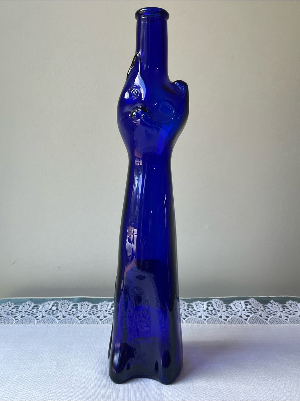 Vintage 1999 Moselland Blue Glass Cat Wine Bottle Cobalt Collectible Empty 500ml